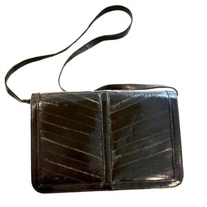 Vintage Eel Skin Black Glossy Texture Handbag Clutch Shoulder Strap Purse